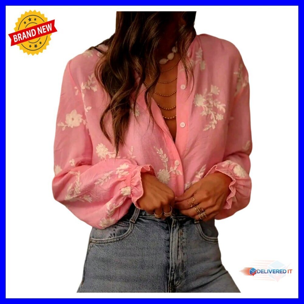 Floral Embroidered Boho Top Sheer Peasant Blouse Long Sleeve Button Down